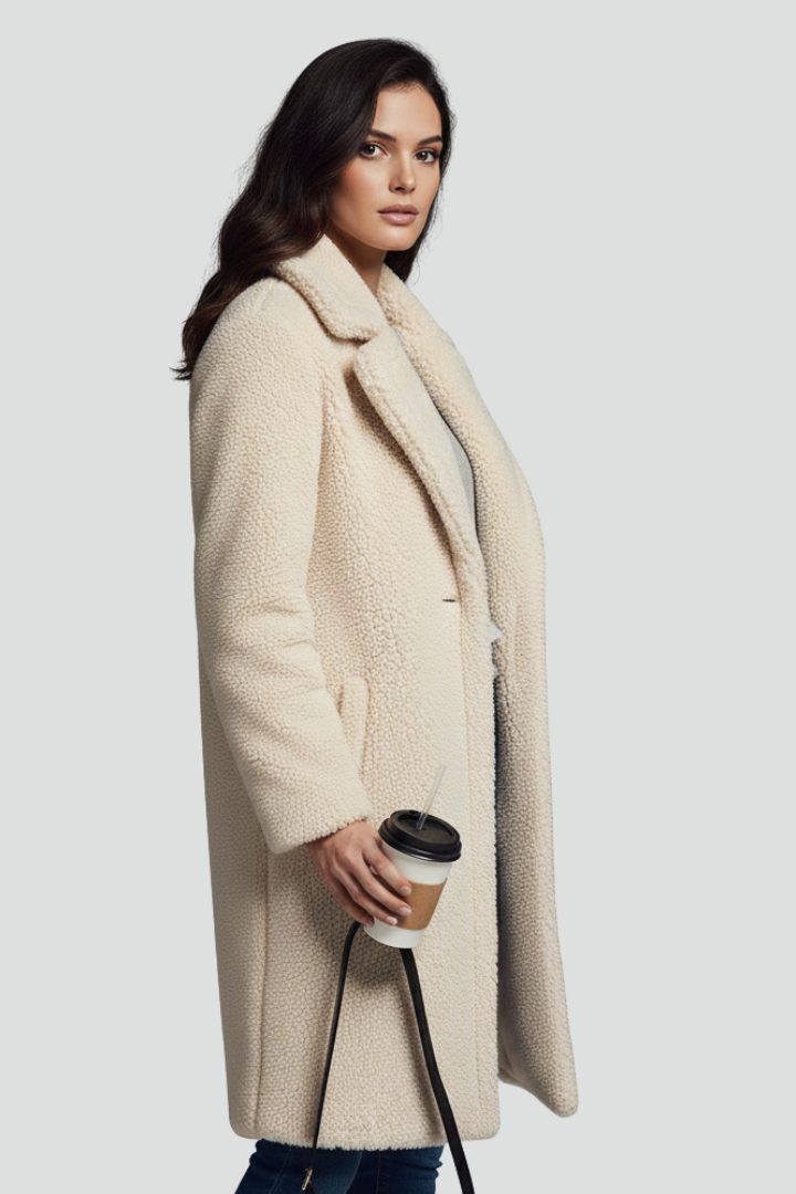 Cappotto lungo da donna con colletto a revers e superficie testurizzata