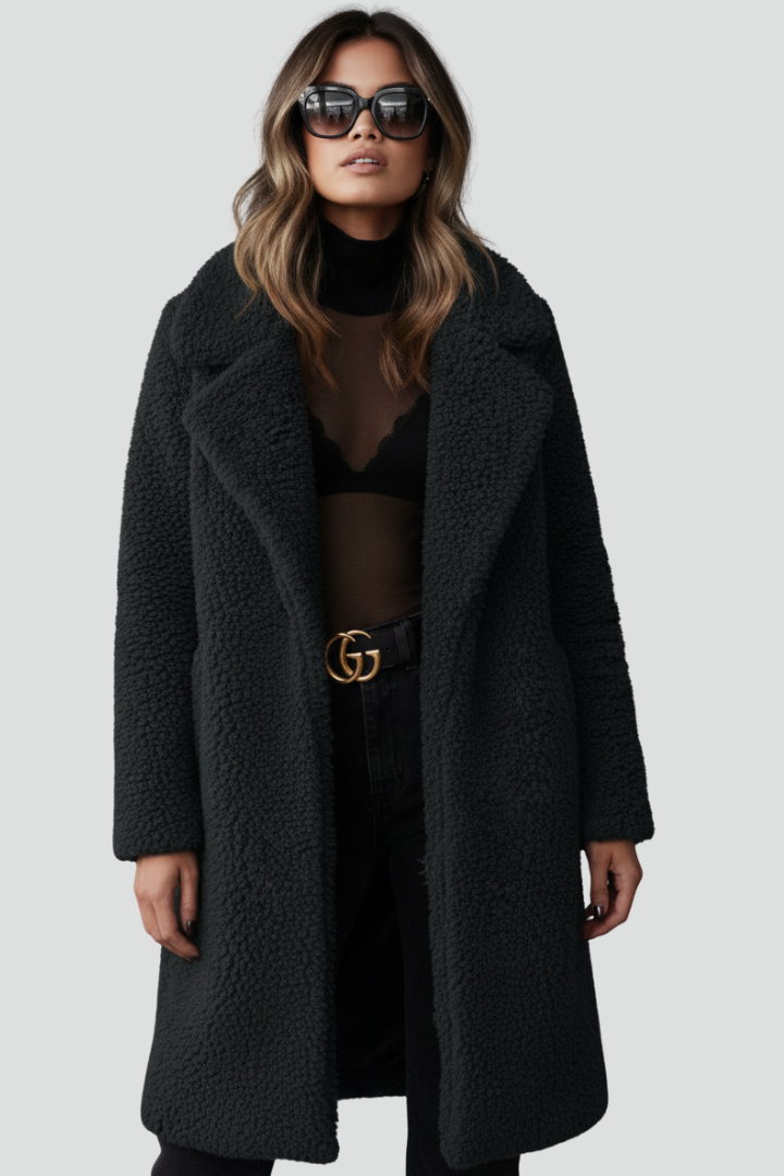 Cappotto lungo da donna con colletto a revers e superficie testurizzata