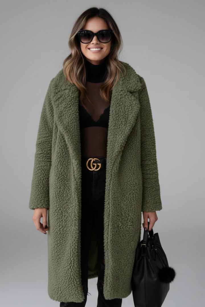 Cappotto Lungo da Donna con Collo a Revers e Superficie Testurizzata