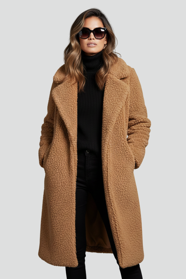 Cappotto lungo da donna con colletto a revers e superficie testurizzata