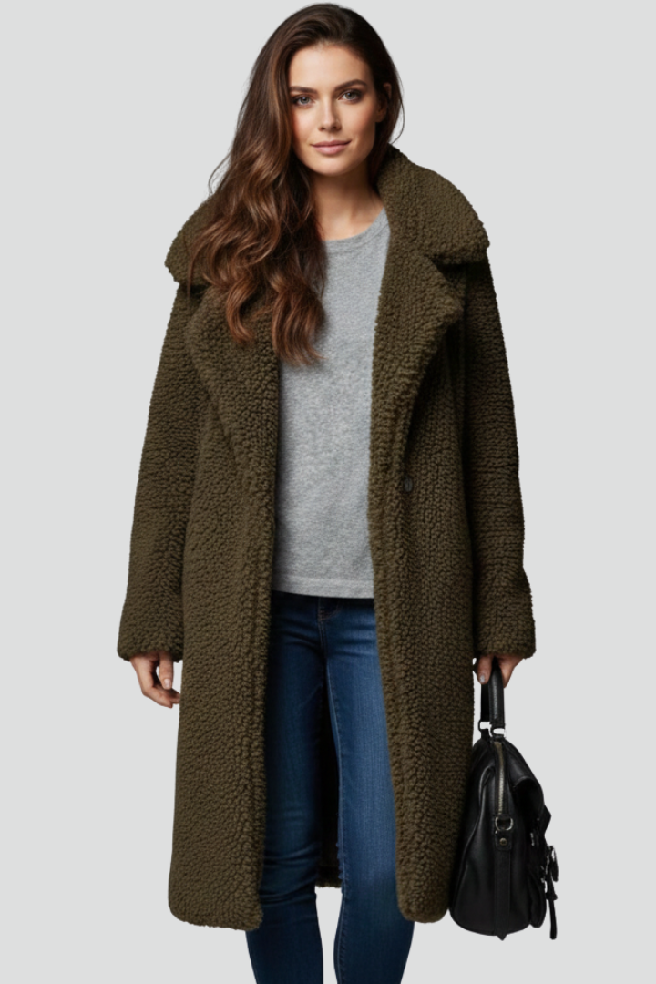 Cappotto lungo da donna con colletto a revers e superficie testurizzata