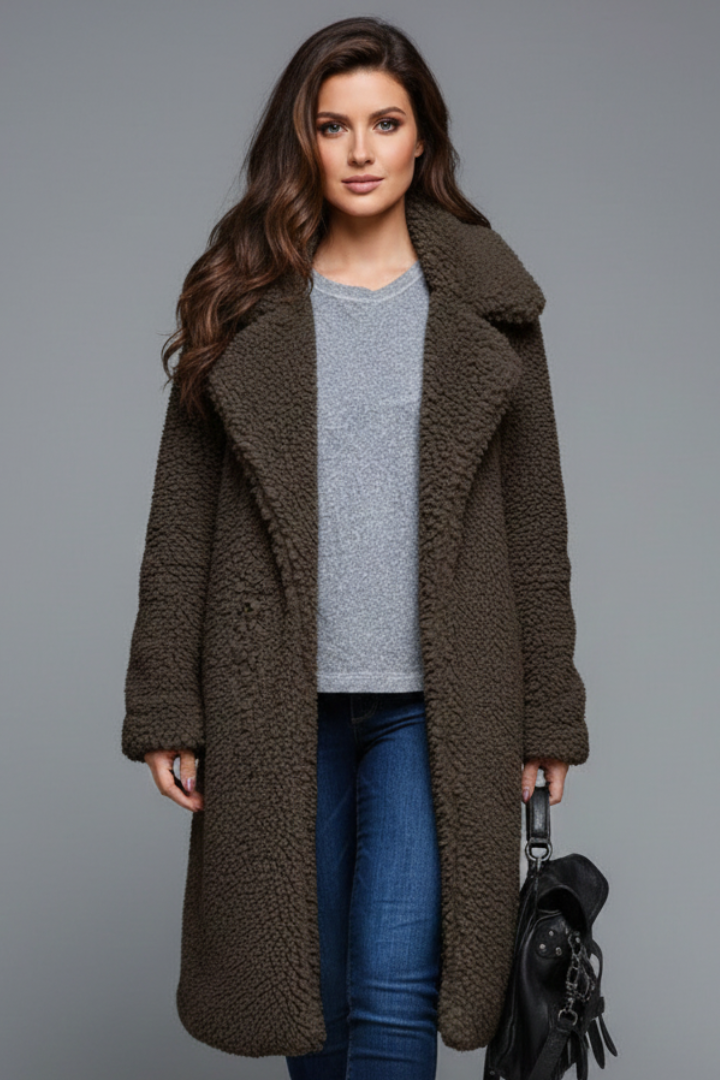 Cappotto Lungo da Donna con Collo a Revers e Superficie Testurizzata