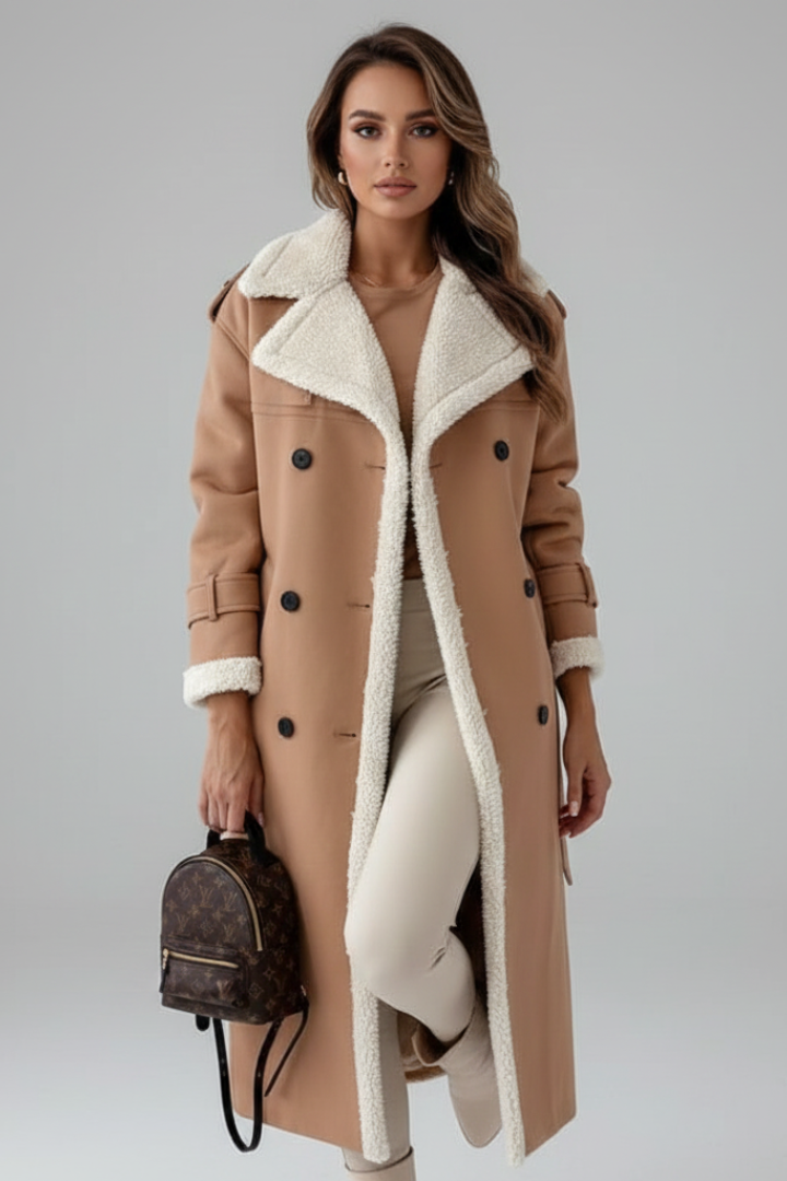 Cappotto lungo da donna con colletto a revers e dettagli in pelliccia sintetica