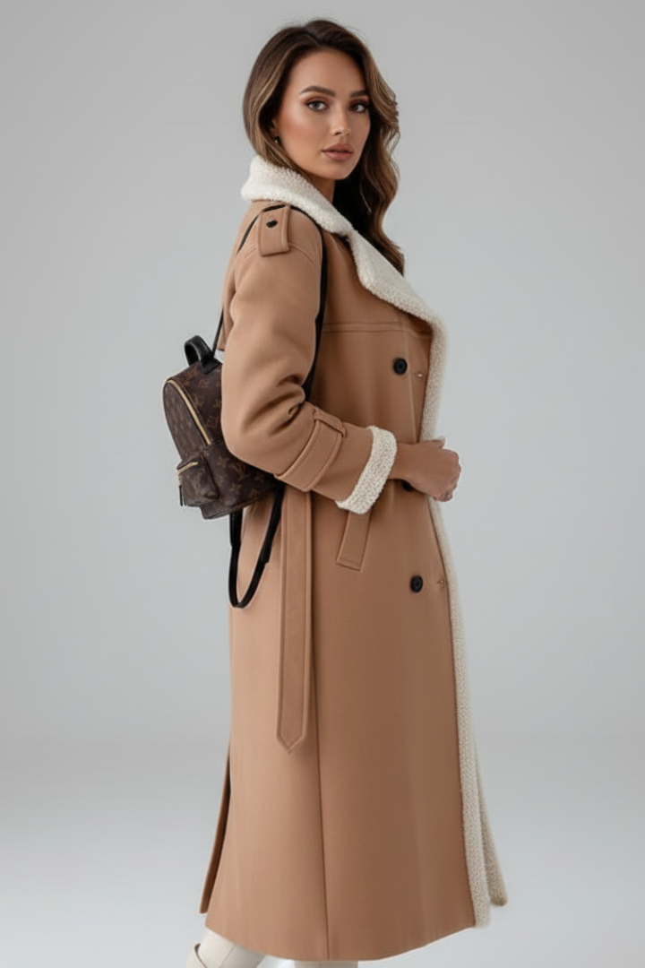 Cappotto lungo da donna con colletto a revers e dettagli in pelliccia sintetica