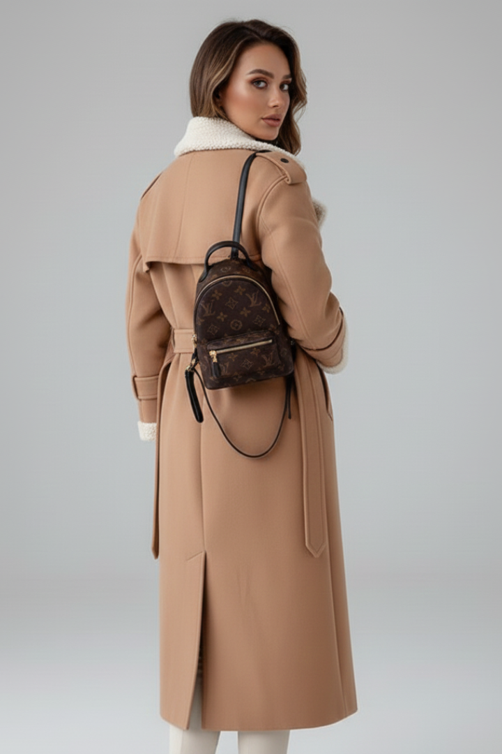 Cappotto lungo da donna con colletto a revers e dettagli in pelliccia sintetica