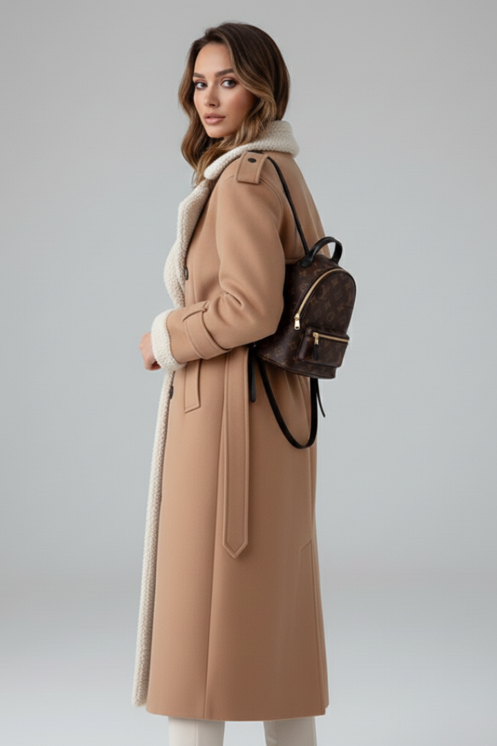 Cappotto lungo da donna con colletto a revers e dettagli in pelliccia sintetica