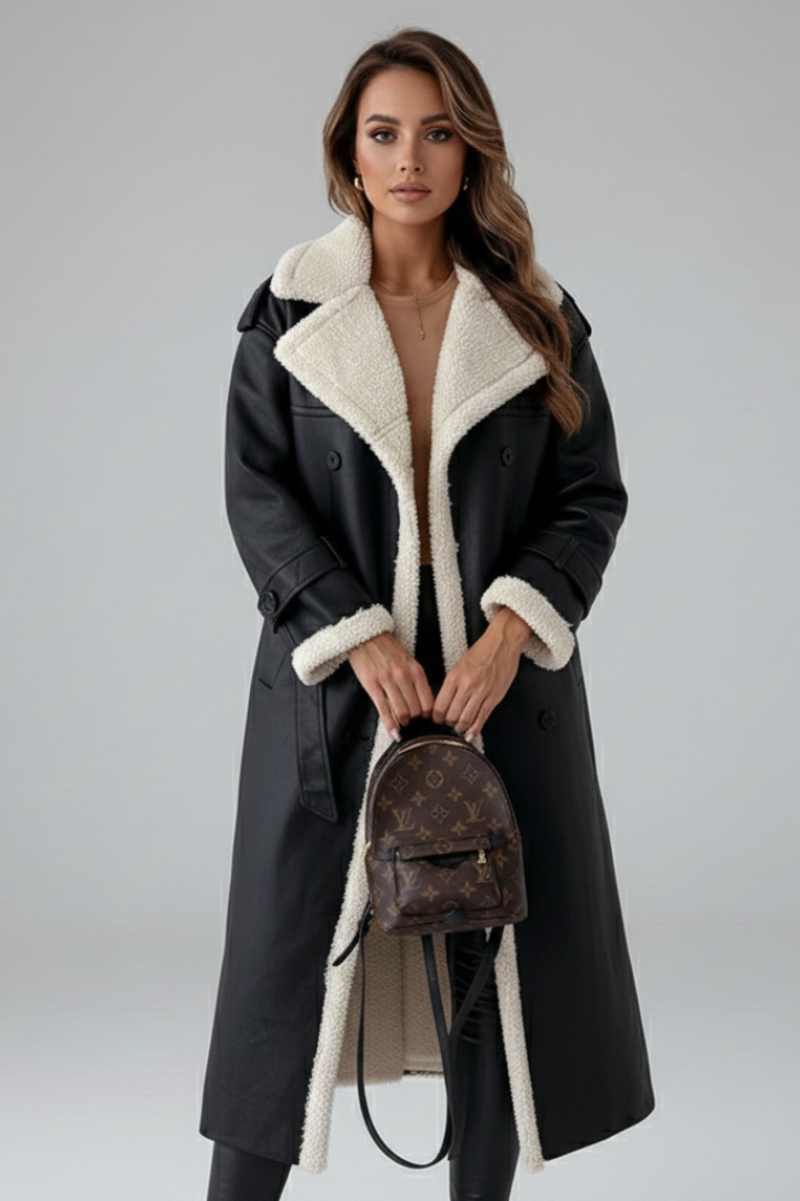 Cappotto lungo da donna con colletto a revers e dettagli in pelliccia sintetica