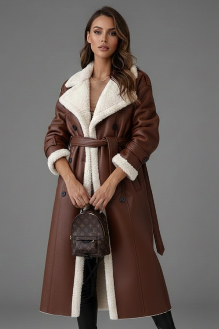 Cappotto lungo da donna con colletto a revers e dettagli in pelliccia sintetica