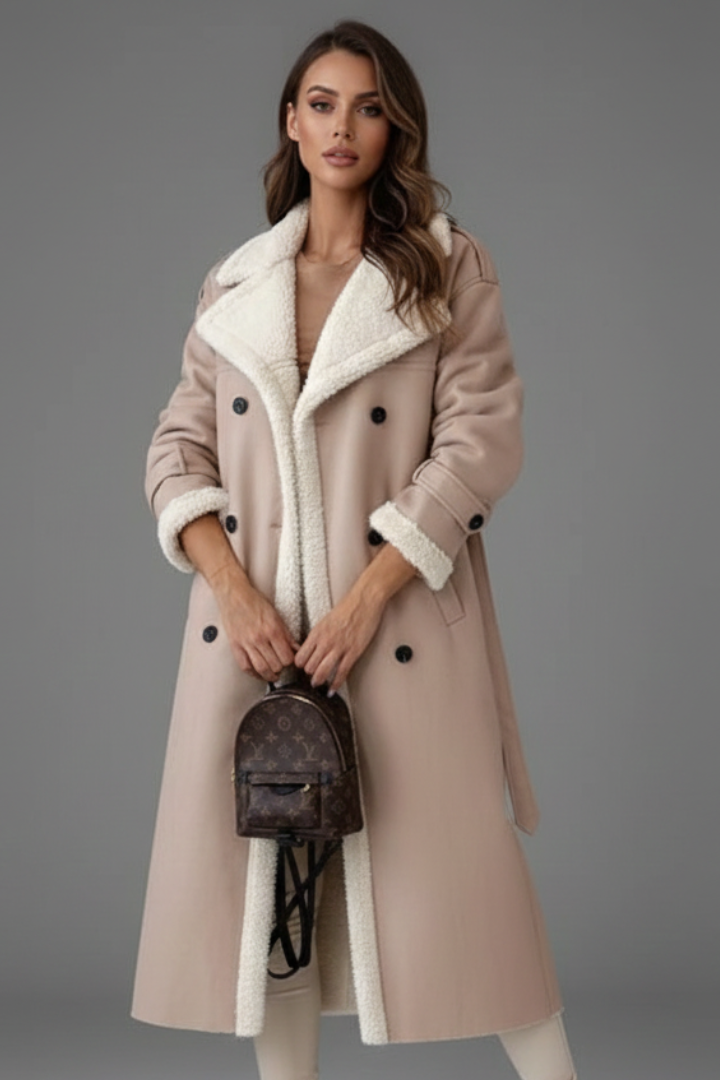 Cappotto lungo da donna con colletto a revers e dettagli in pelliccia sintetica