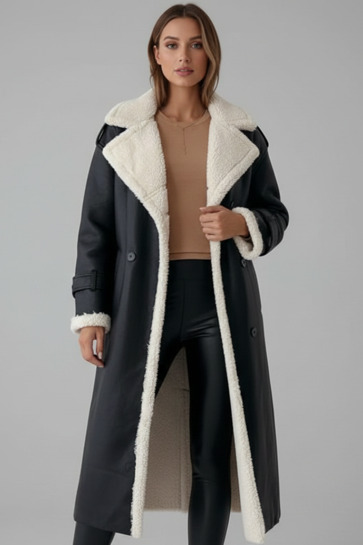 Cappotto lungo da donna con colletto a revers e rifiniture