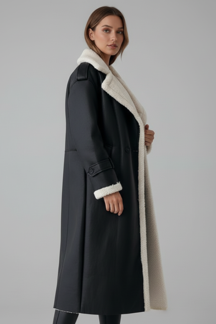 Cappotto lungo da donna con colletto a revers e rifiniture
