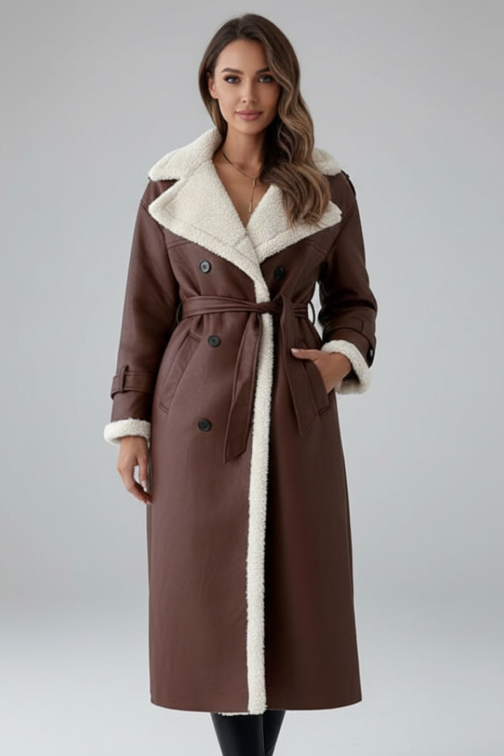 Cappotto lungo da donna con colletto a revers e rifiniture