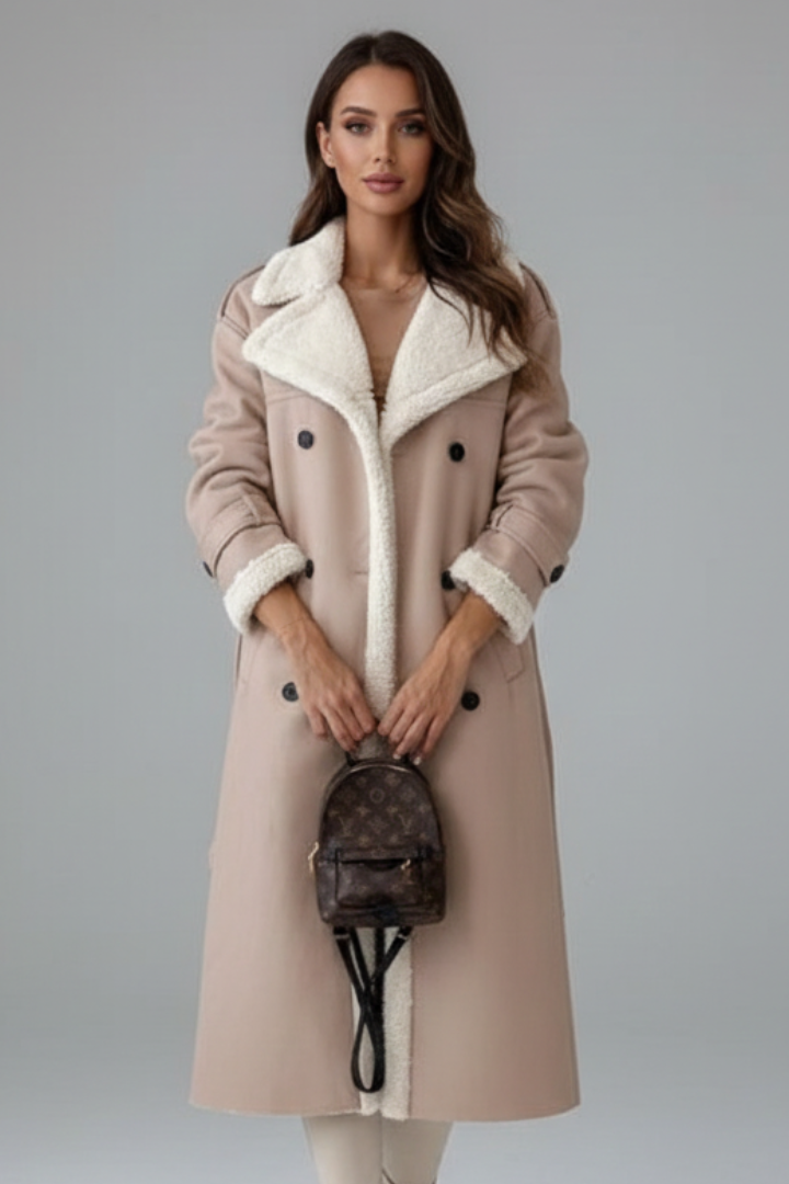 Cappotto lungo da donna con colletto a revers e rifiniture