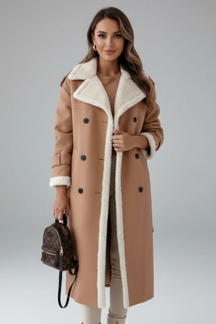 Cappotto lungo da donna con colletto a revers e rifiniture