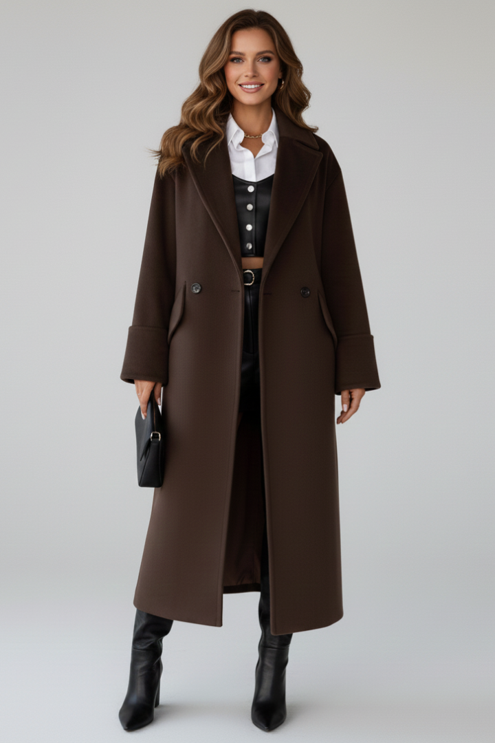 Cappotto lungo da donna con revers e chiusura a bottoni