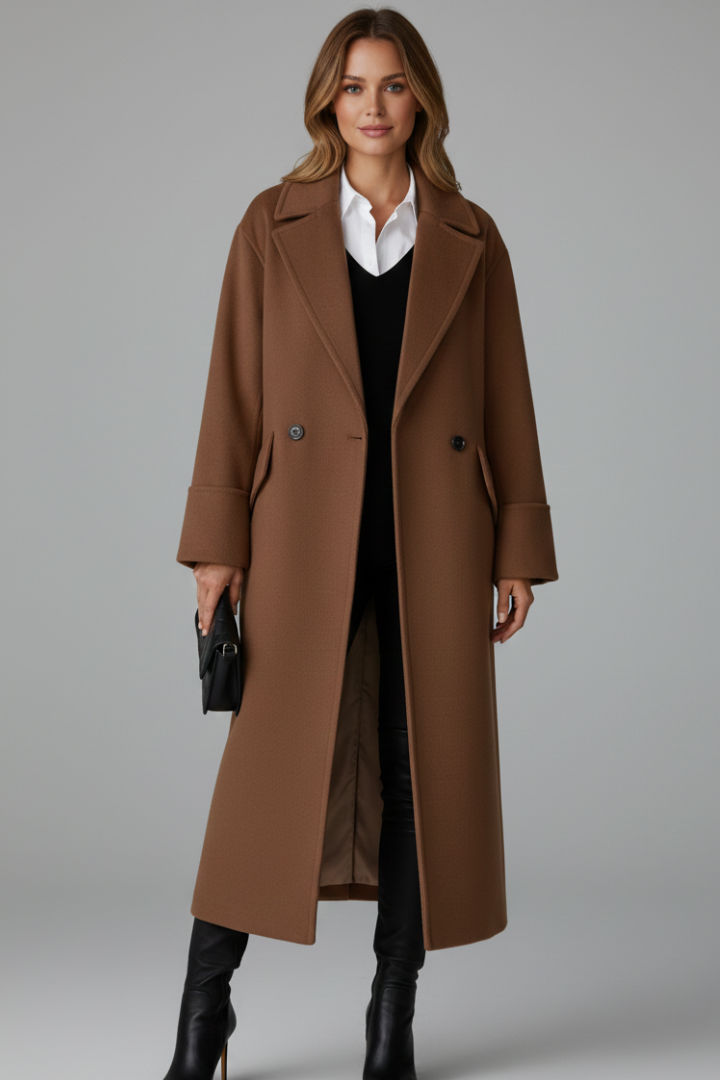 Cappotto lungo da donna con revers e chiusura a bottoni