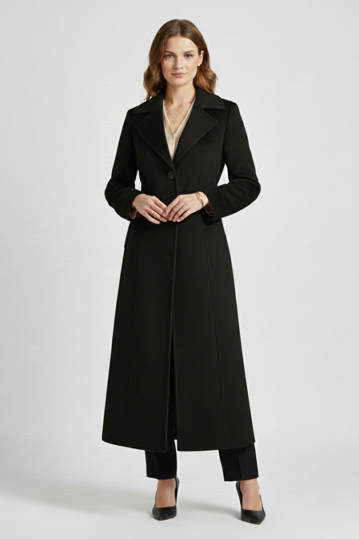 Cappotto lungo da donna con colletto a scialle e cintura in vita