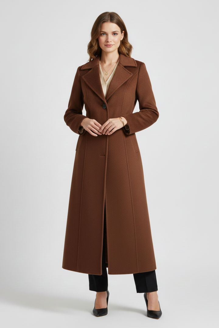 Cappotto lungo da donna con colletto a scialle e cintura in vita