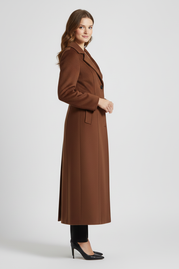 Cappotto lungo da donna con colletto a scialle e cintura in vita