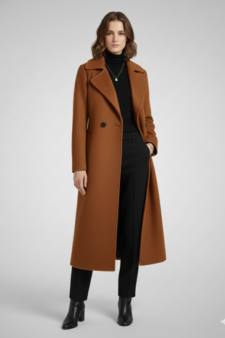 Cappotto Lungo da Donna con Collo Ribassato e Superficie Intrecciata