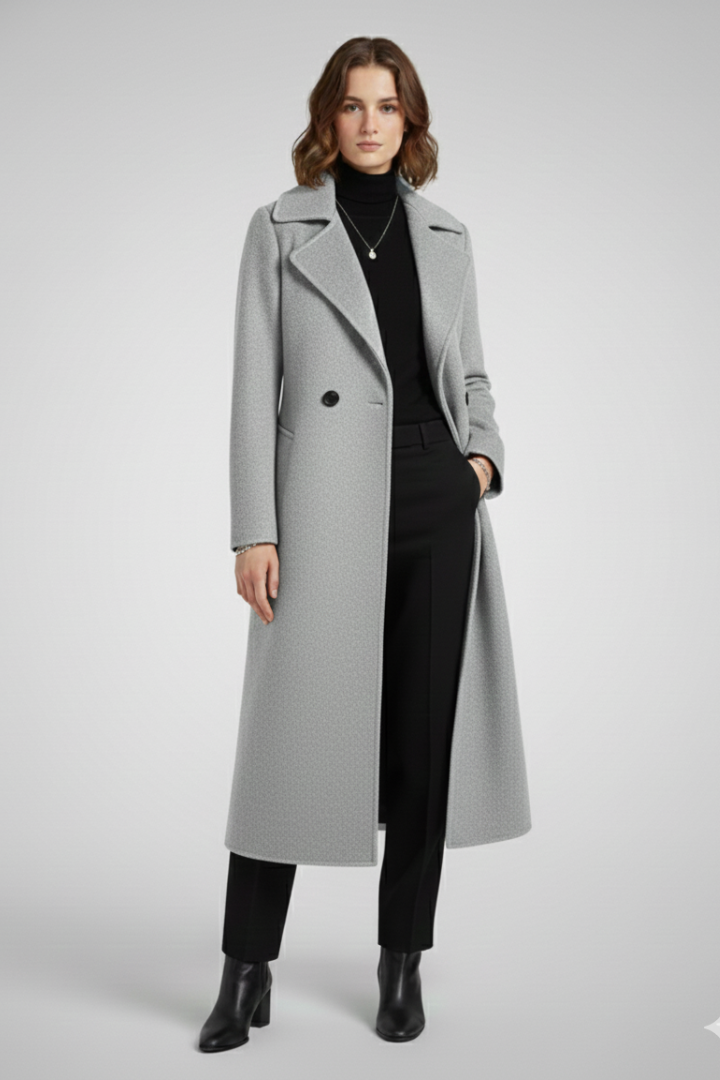 Cappotto Lungo da Donna con Collo Ribassato e Superficie Intrecciata