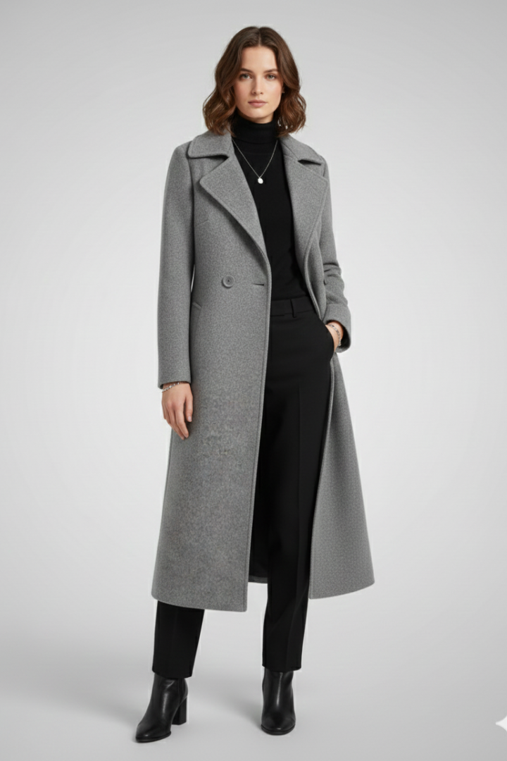 Cappotto Lungo da Donna con Collo Ribassato e Superficie Intrecciata