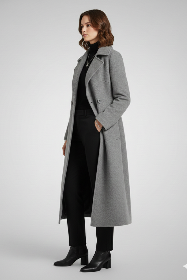 Cappotto Lungo da Donna con Collo Ribassato e Superficie Intrecciata