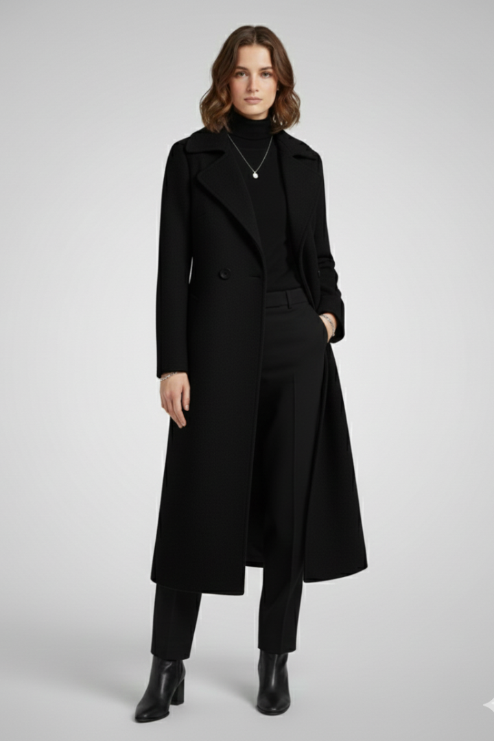 Cappotto Lungo da Donna con Collo Ribassato e Superficie Intrecciata