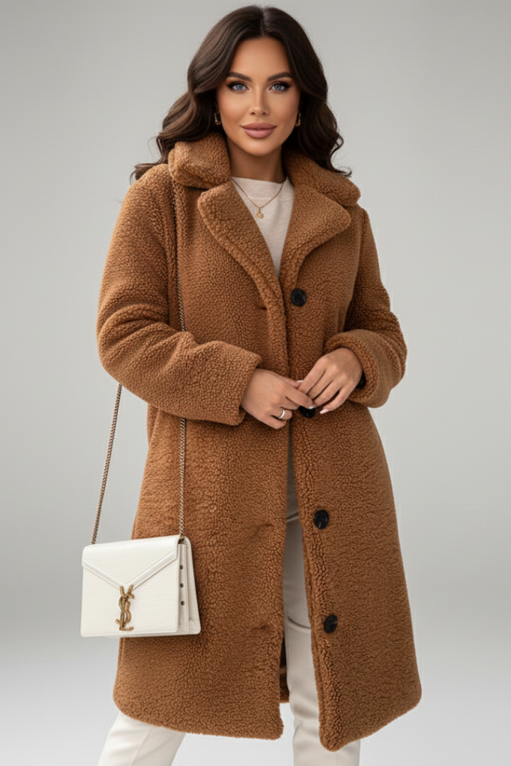 Cappotto lungo da donna con ampio colletto e chiusura a bottoni