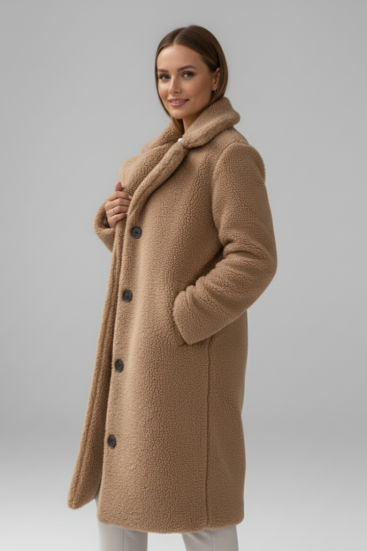 Cappotto lungo da donna con ampio colletto e chiusura a bottoni