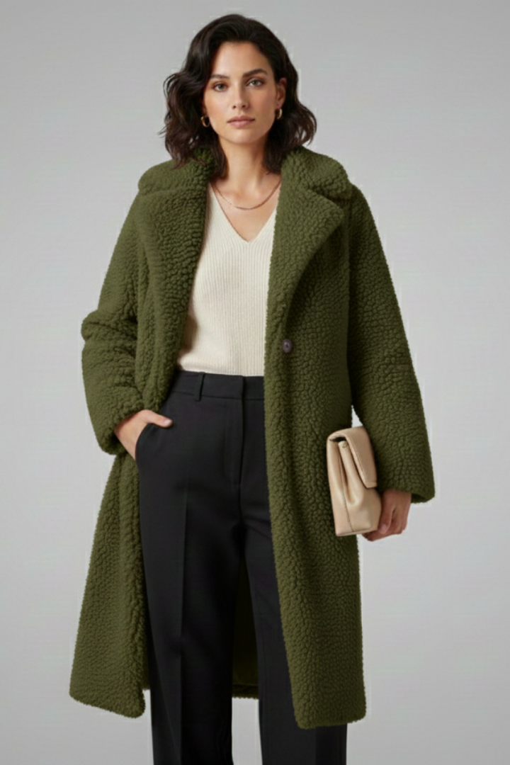 Cappotto Lungo da Donna con Collo Ampio e Finitura in Pile Testurizzato