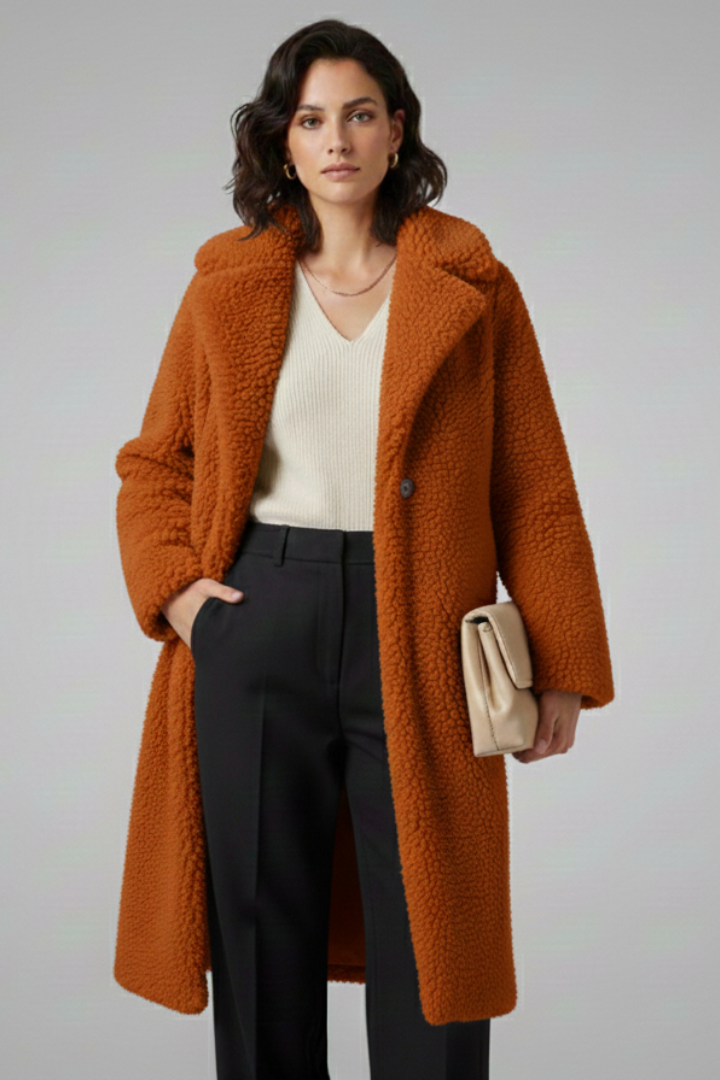 Cappotto Lungo da Donna con Collo Ampio e Finitura in Pile Testurizzato
