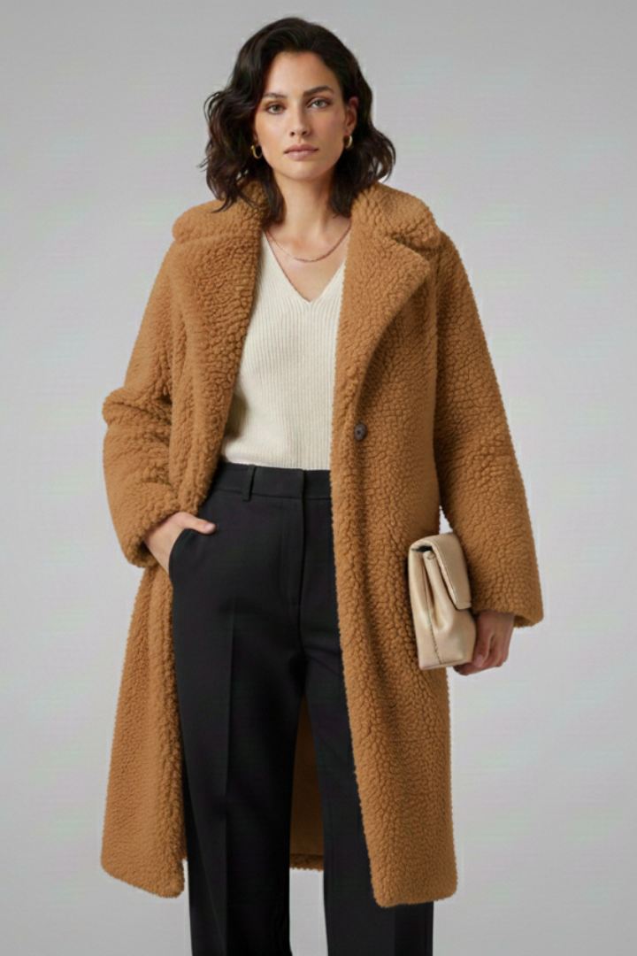 Cappotto Lungo da Donna con Collo Ampio e Finitura in Pile Testurizzato