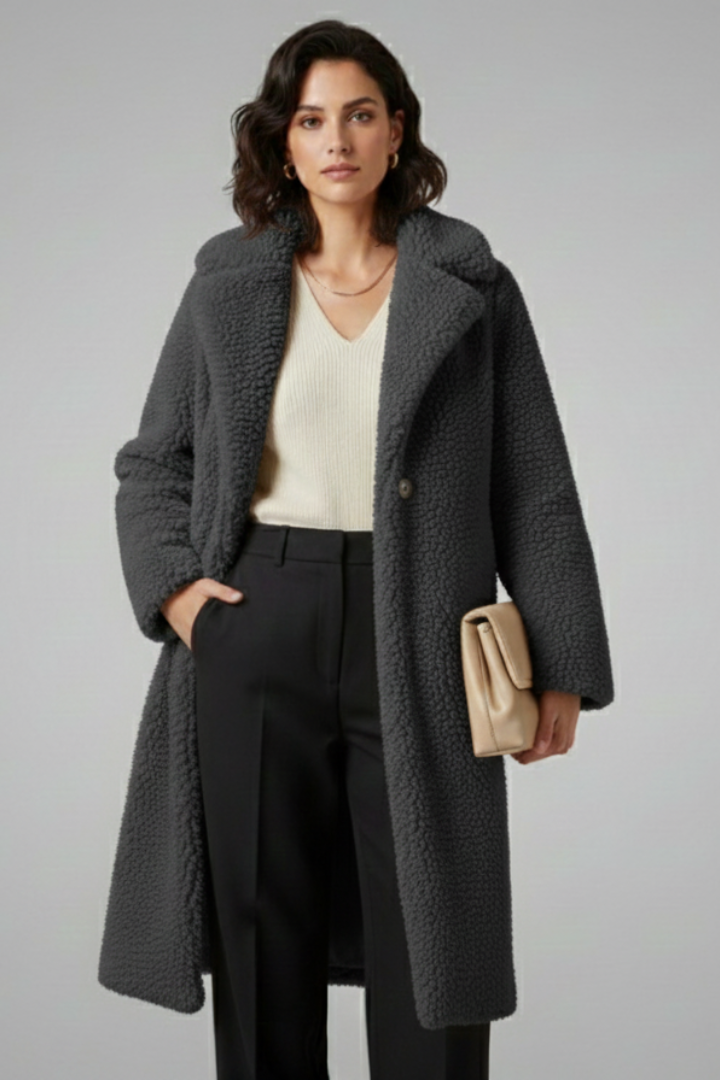 Cappotto Lungo da Donna con Collo Ampio e Finitura in Pile Testurizzato
