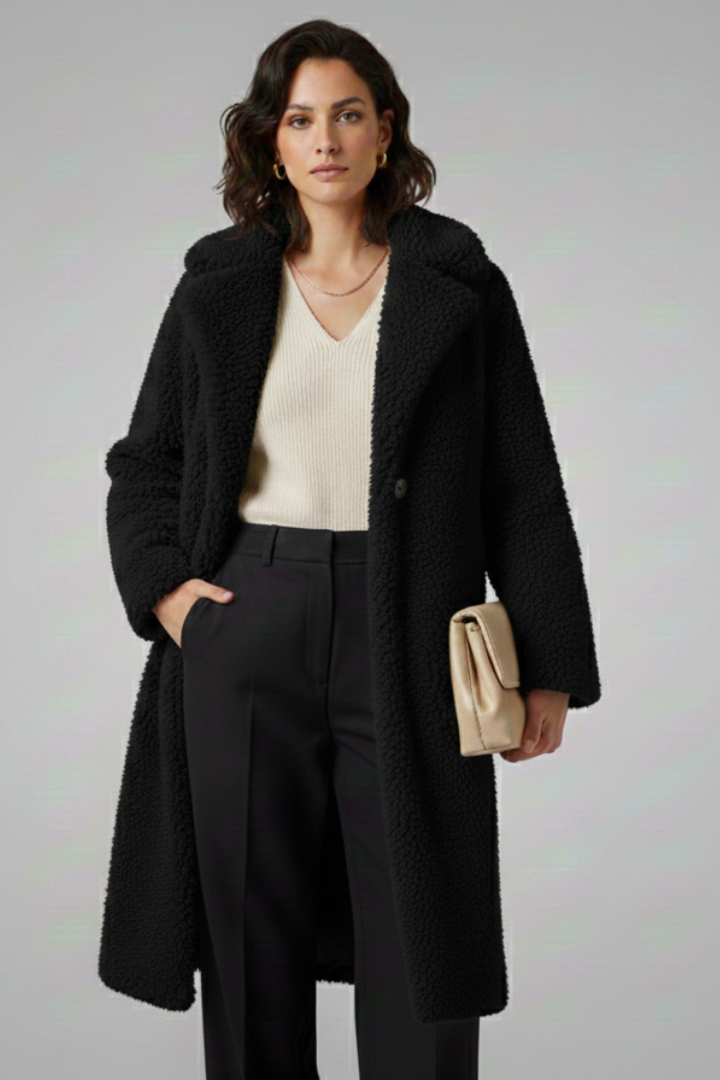 Cappotto Lungo da Donna con Collo Ampio e Finitura in Pile Testurizzato