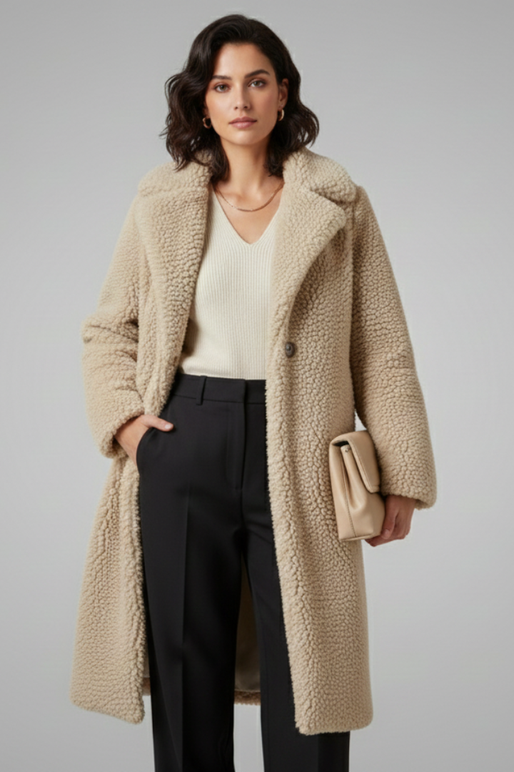 Cappotto Lungo da Donna con Collo Ampio e Finitura in Pile Testurizzato