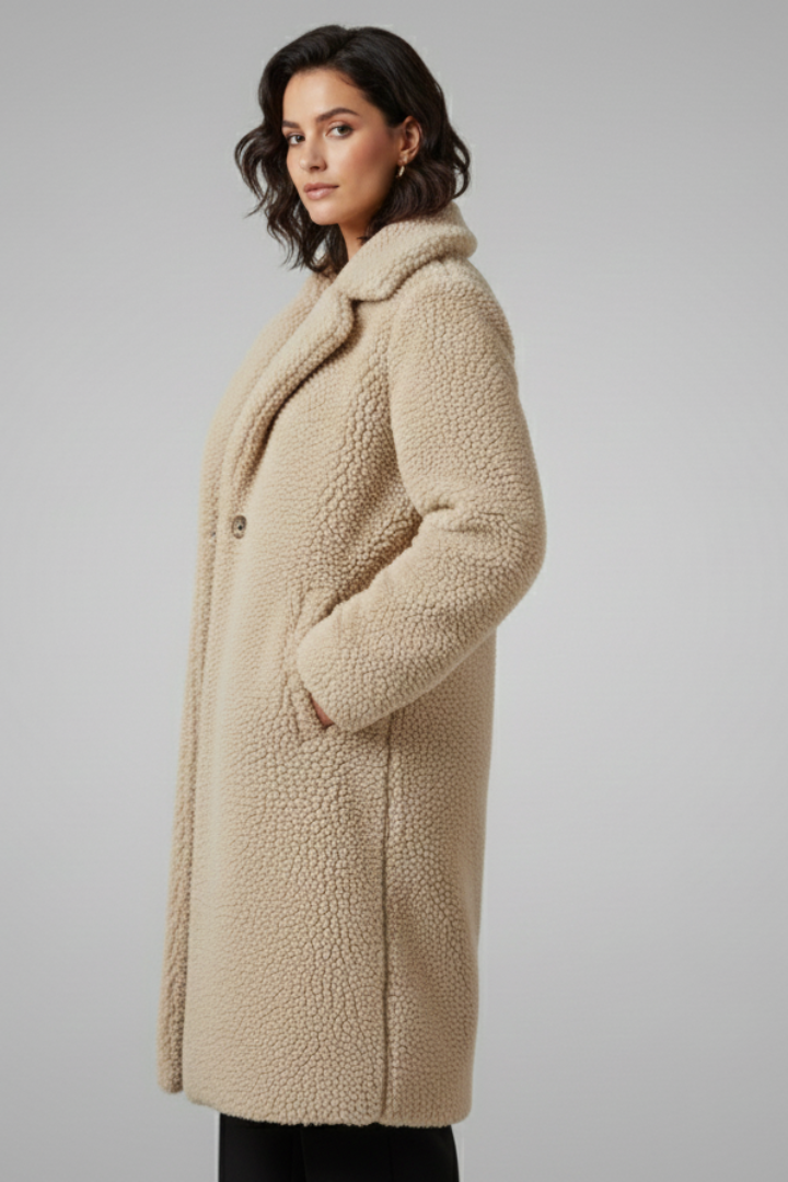 Cappotto Lungo da Donna con Collo Ampio e Finitura in Pile Testurizzato