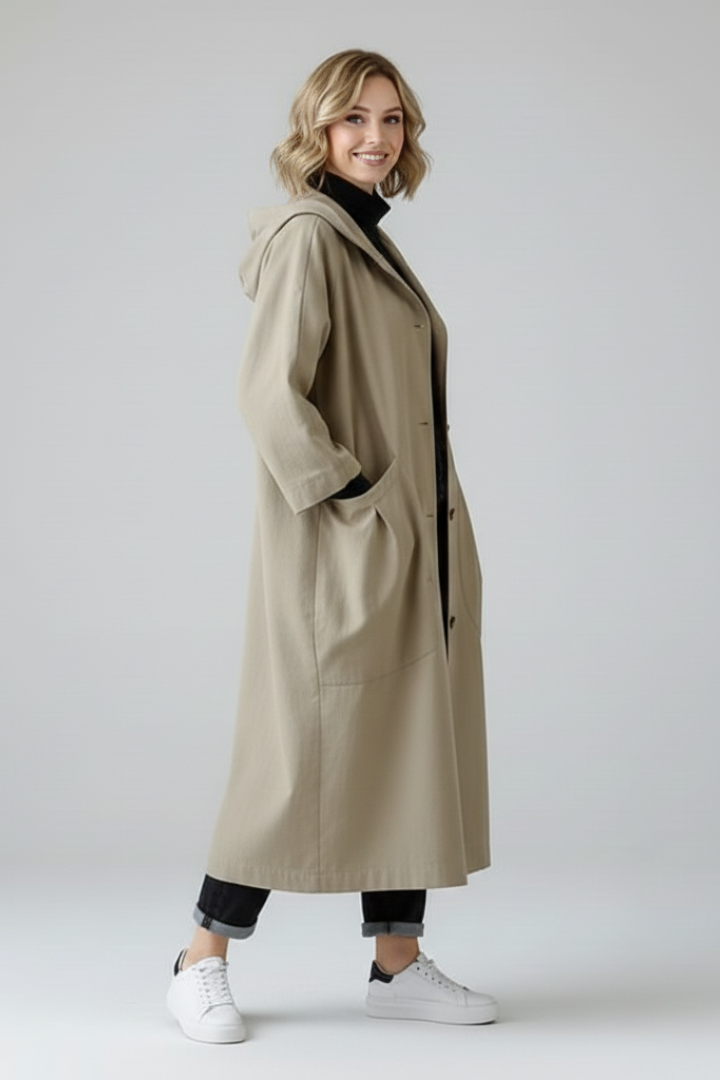 Trench Coat Oversize da Donna con Cappuccio e Tasche