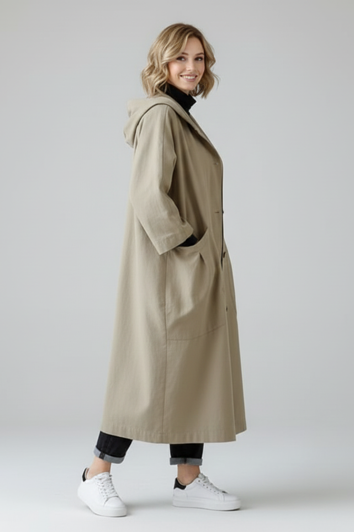 Trench Coat Oversize da Donna con Cappuccio e Tasche