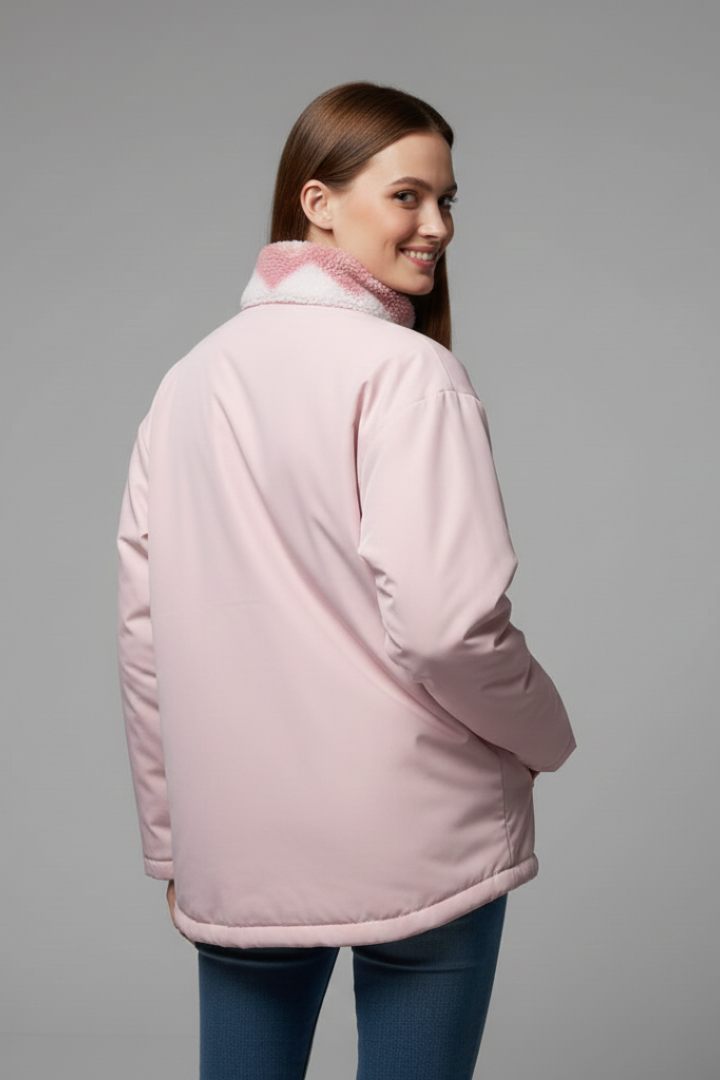 Cappotto Reversibile da Donna con Motivo a Cuori e Cappuccio
