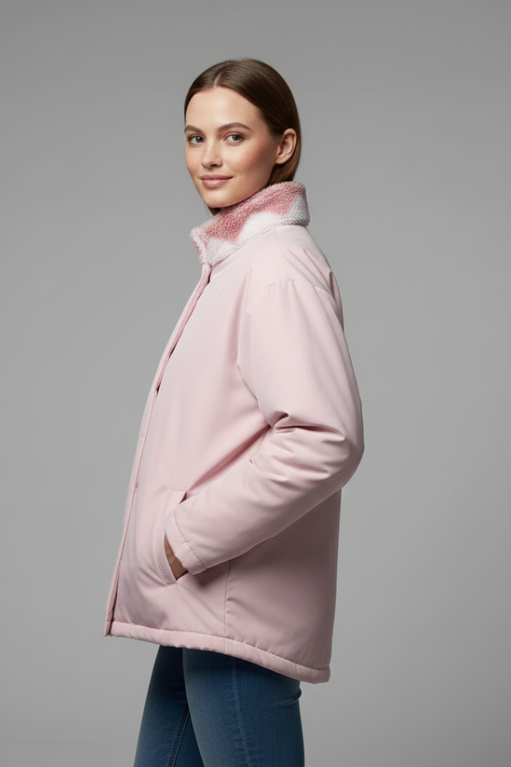 Cappotto Reversibile da Donna con Motivo a Cuori e Cappuccio
