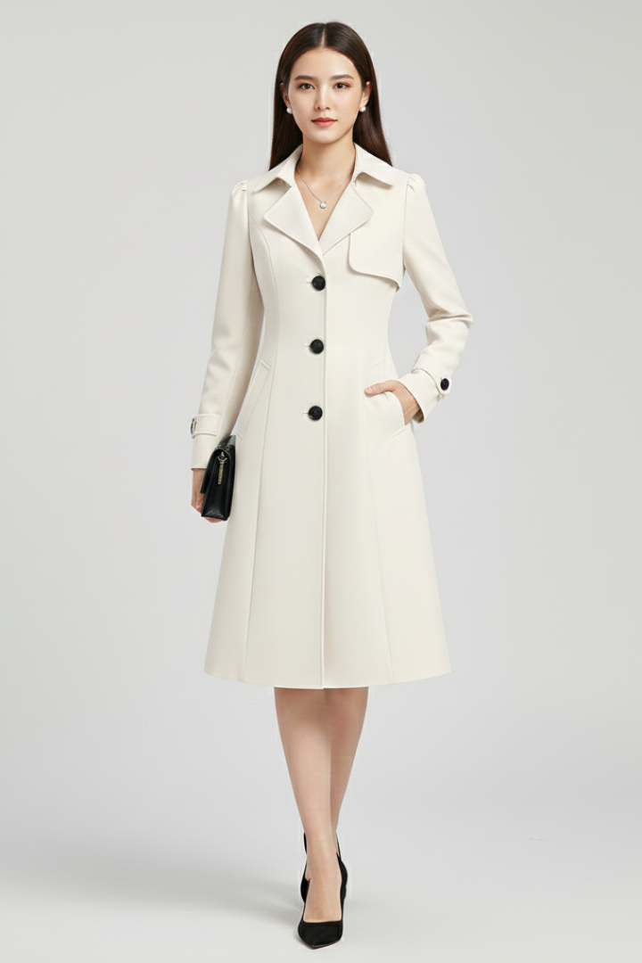 Cappotto Trench da Donna con Rever a Punta e Chiusura con Bottone