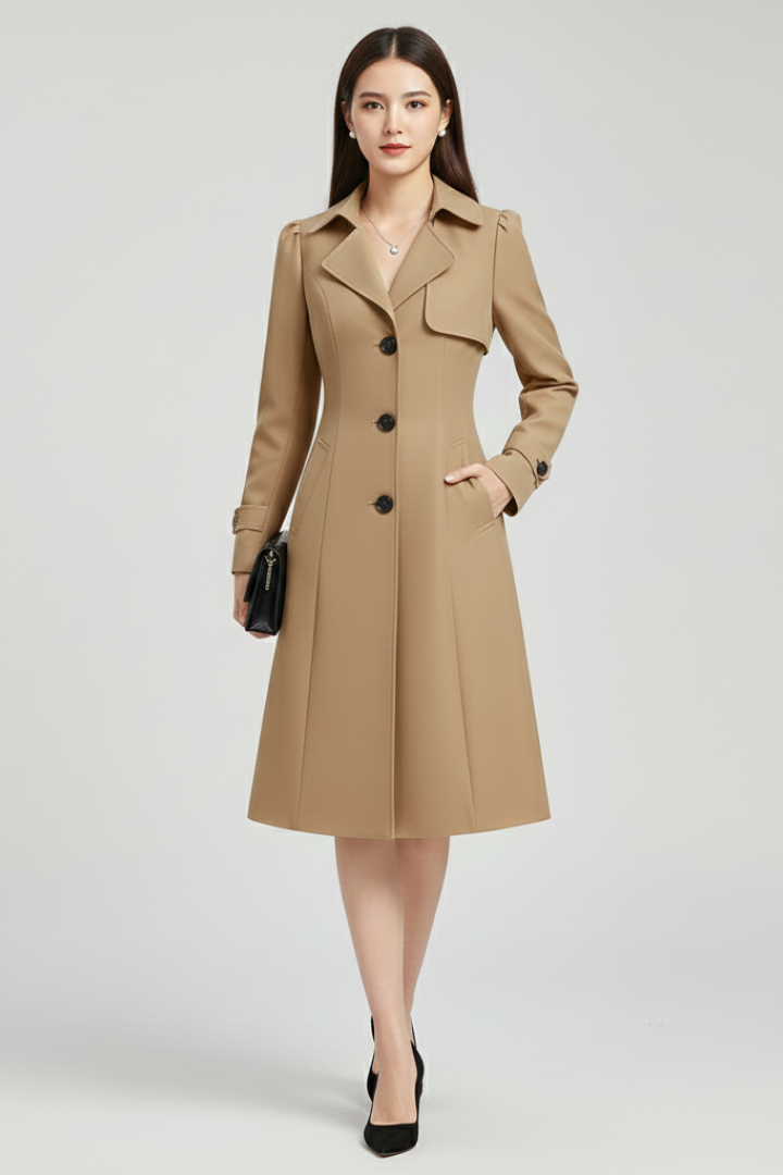 Cappotto Trench da Donna con Rever a Punta e Chiusura con Bottone