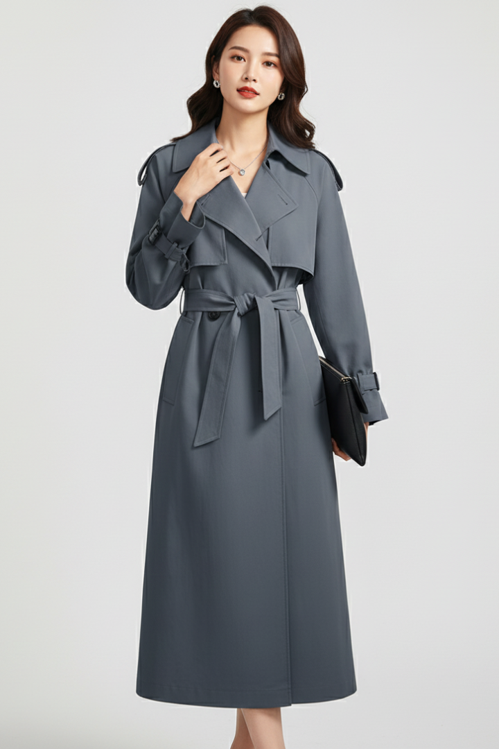 Cappotto Trench da Donna con Collo Ampio e Chiusura a Doppio Bottone