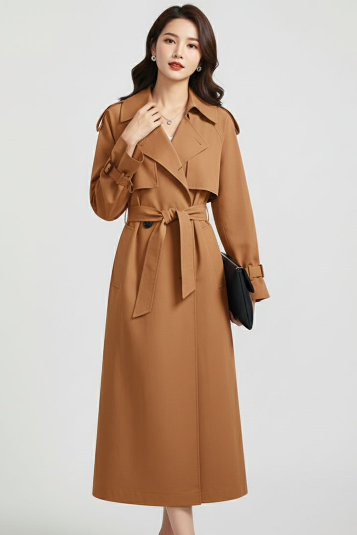 Cappotto Trench da Donna con Collo Ampio e Chiusura a Doppio Bottone
