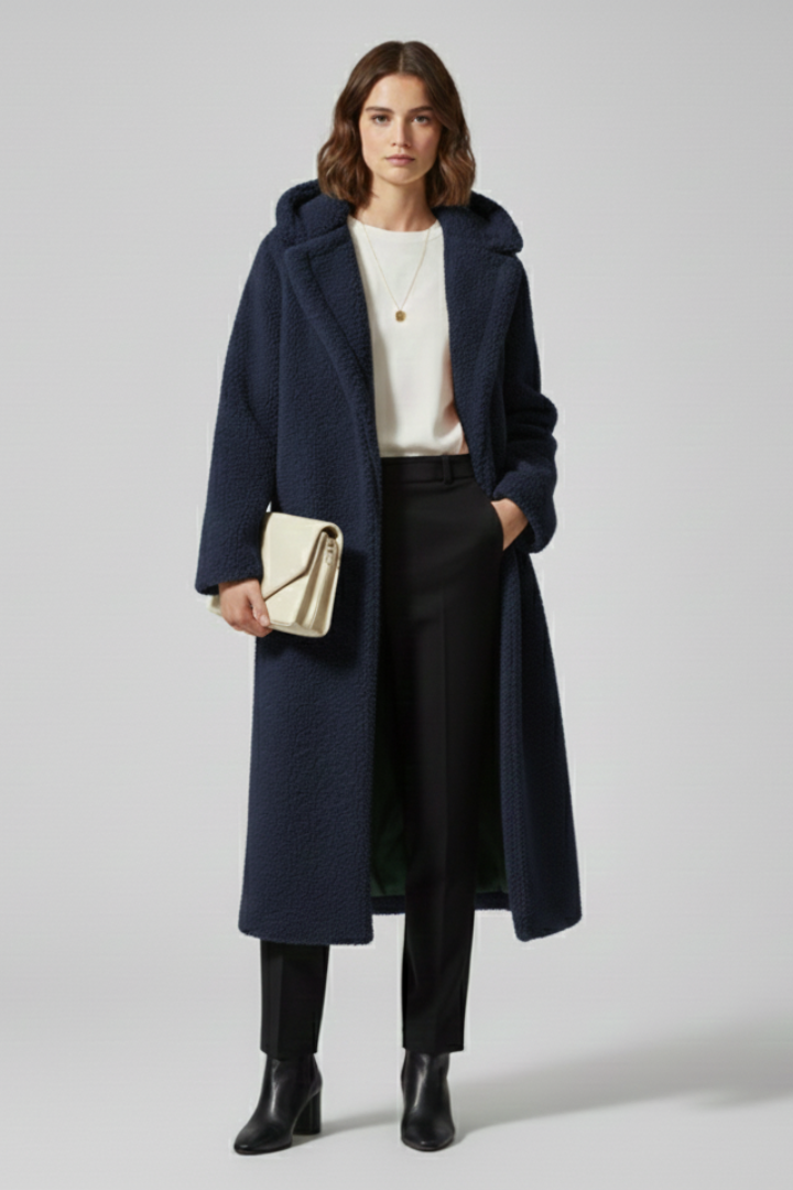 Cappotto lungo da donna con cappuccio e superficie testurizzata