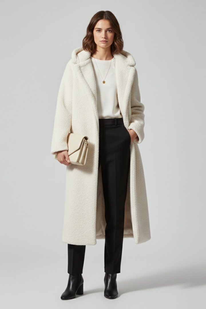 Cappotto lungo da donna con cappuccio e superficie testurizzata