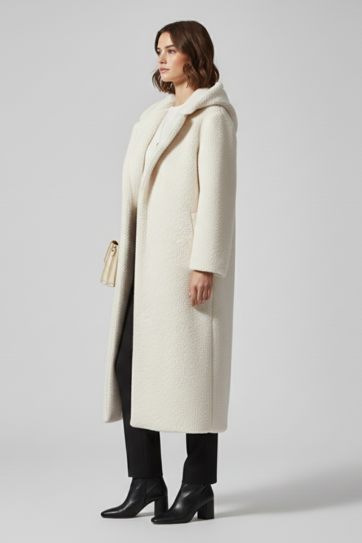 Cappotto lungo da donna con cappuccio e superficie testurizzata