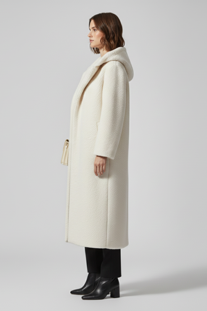 Cappotto lungo da donna con cappuccio e superficie testurizzata