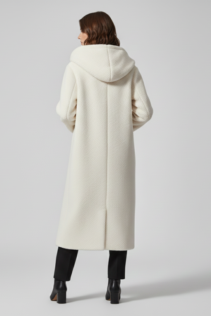 Cappotto lungo da donna con cappuccio e superficie testurizzata